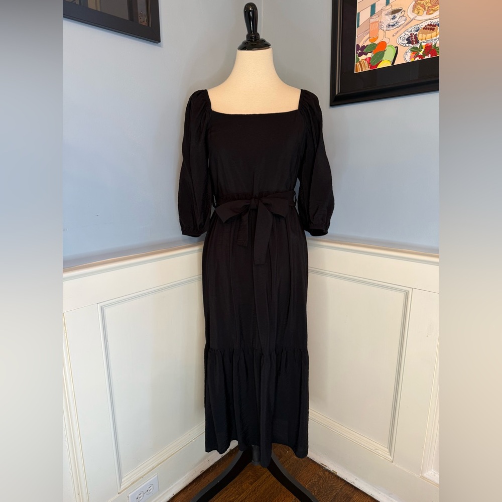 Black Cottage Core Tiered Midi Peasant Dress Sz 6